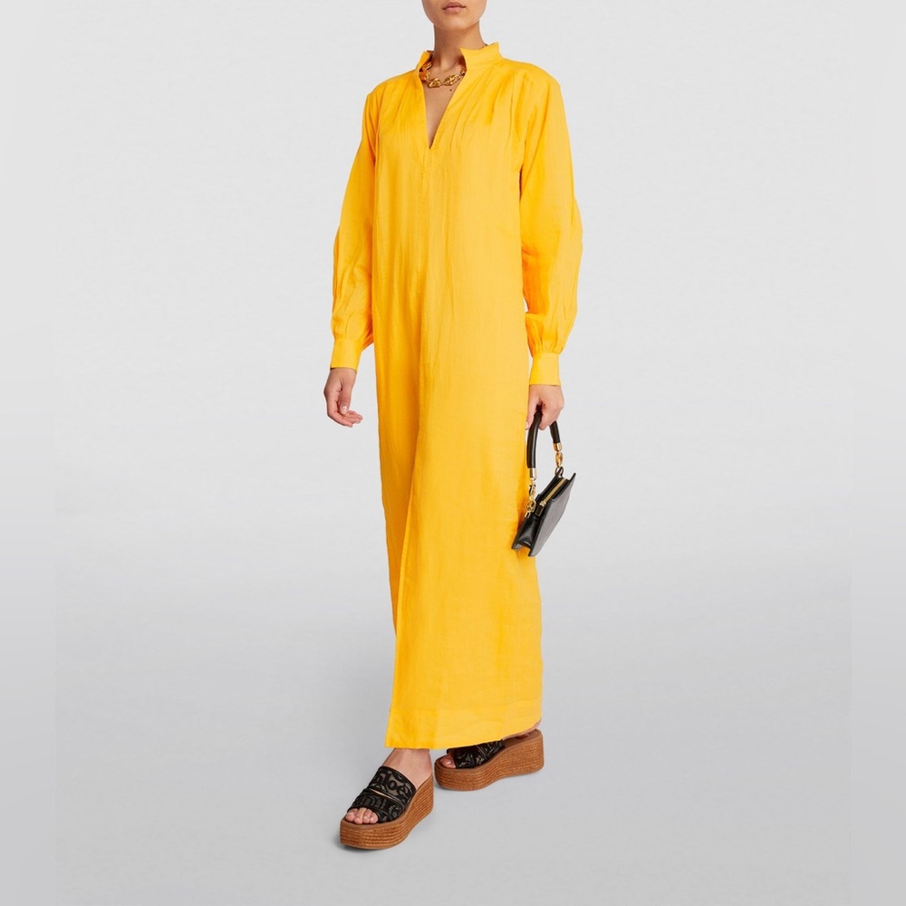 FRAME Caftan Maxi Dress Women's XS Kumquat Split Neck Front Slit Long Sleeve